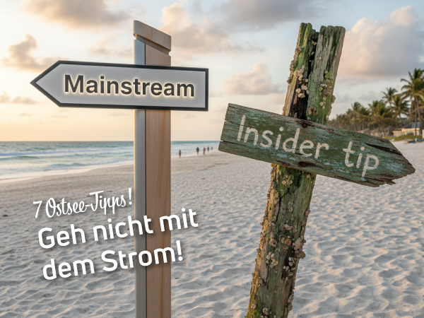 Ein modernes Schild auf dem "Mainstream" steht und ein altes verwittertes Schild mit "Insider-Tipp" steht am Strand