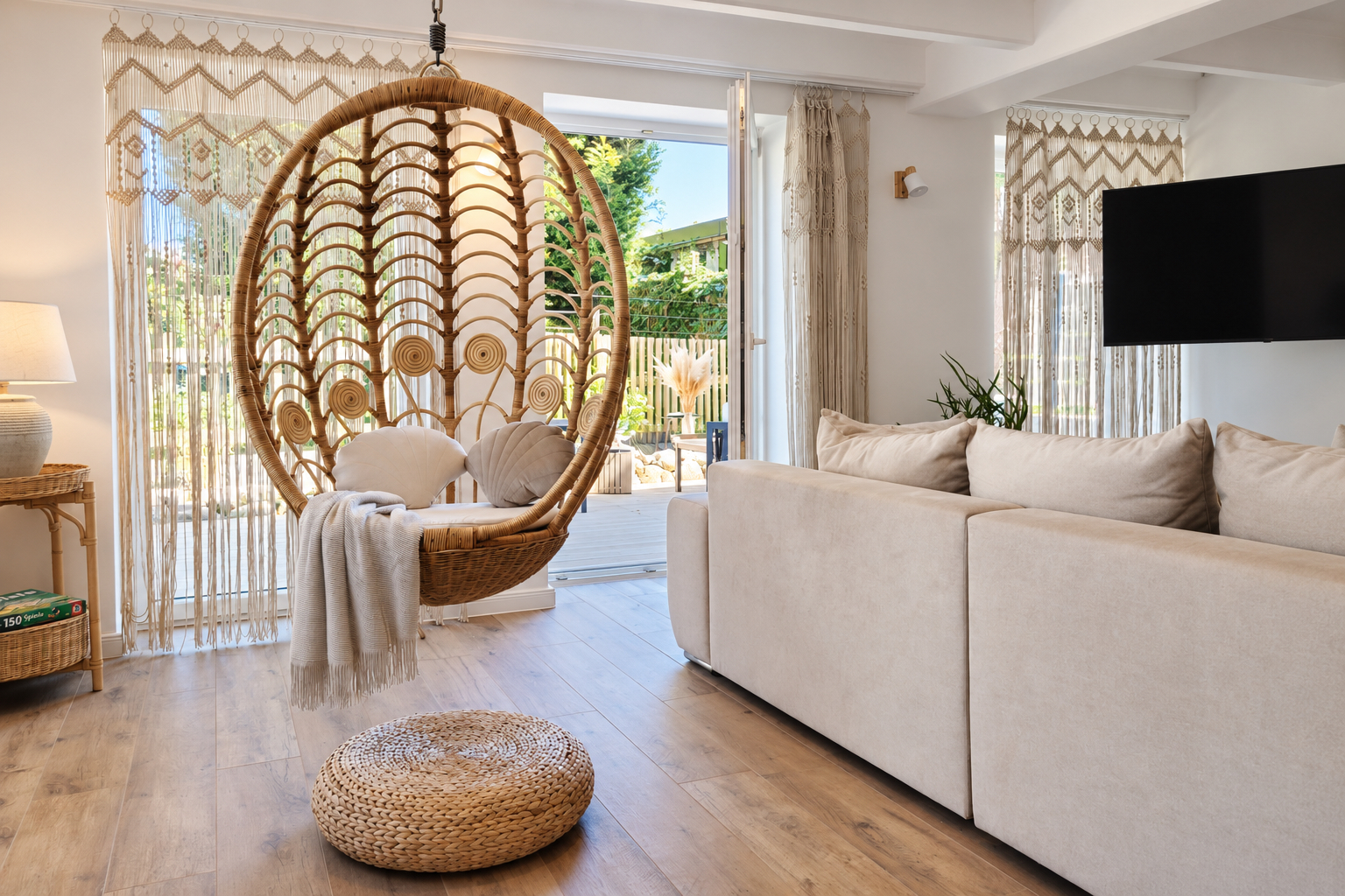 Ein modernes Ferienappartement von Momentic mit besonderem Hängesessel, moderner Ausstattung und gepflegtem Garten