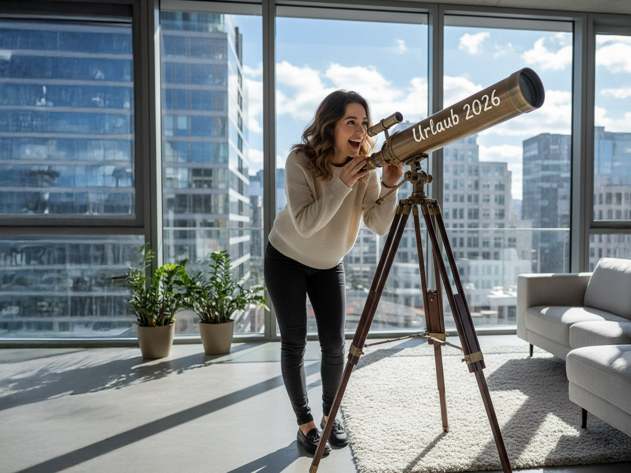 Frau schaut durch ein Fernrohr auf dem Urlaub 2026 steht. Sie ist begeistert von den Trends des Jahres - Momentic