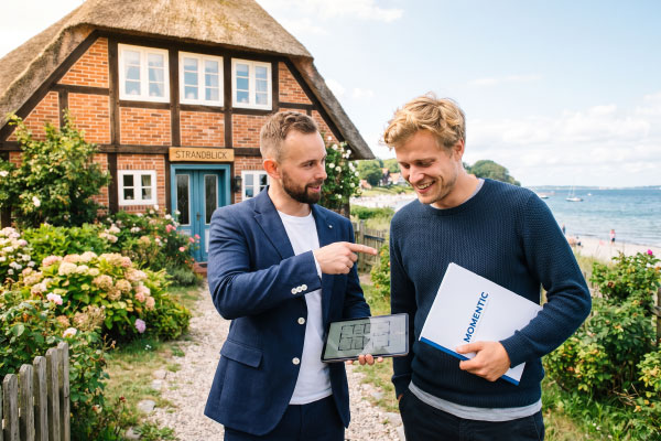 Vermieter und Momentic-Geschäftsführer stehen vor dem Ferienhaus und reden über das Potenzial der Unterkunft