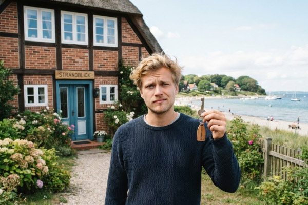 Gemütliche Ferienwohnung an der Lübecker Bucht mit Blick Richtung Ostsee - Davor ein junger Vermieter mit Schlüssel in der Hand