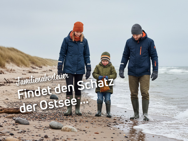 Familie geht mit wetterfester Kleidung am Strand entlang. Sie suchen Bernsteine