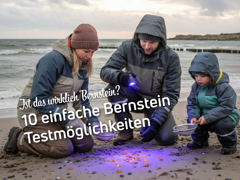 Familie kniet im Sand und sucht Bernsteine