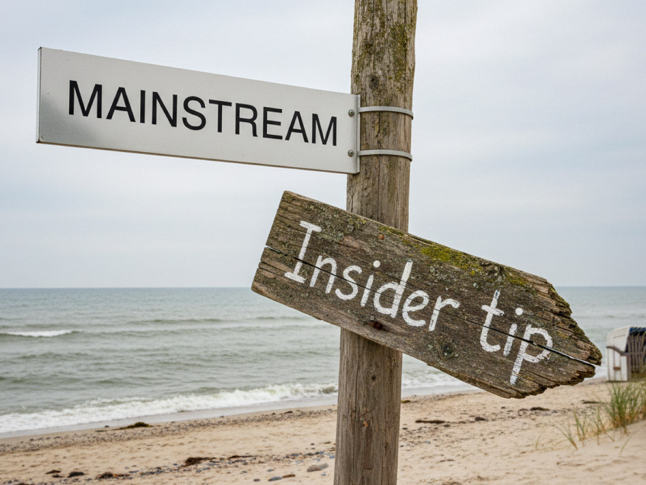 Zwei Schilder am Strand. Eines ist modern auf dem steht "Mainstream". Auf dem anderen alten und verwitterten Schild steht "Geheimtip".