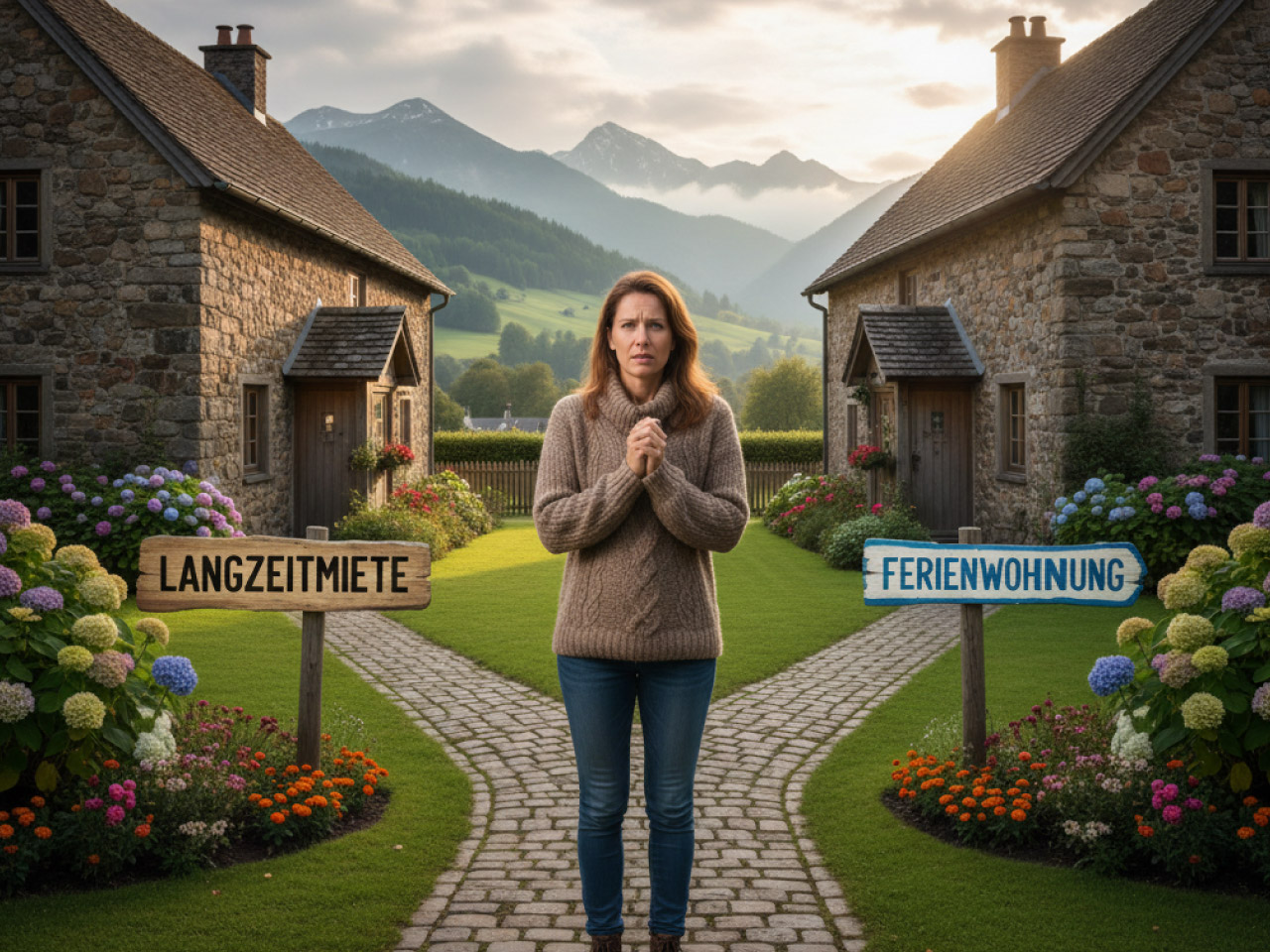Langzeitmiete oder Ferienvermietung? Frau steht auf einem Weg und schaut unentschlossen. Soll sie zum Haus mit dem Schild "Langzeitvermietung" gehen oder zum Haus "Ferienvermietung"?
