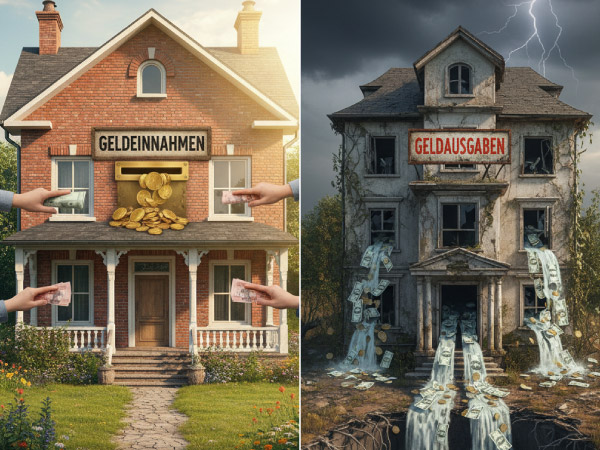 Links ein schönes Haus, aus dem Geld fließt, weil es durch Ferienvermietung Geld verdient und rechts im Bild ein Haus, in das bei Langzeitvermietung Geld auffrisst.